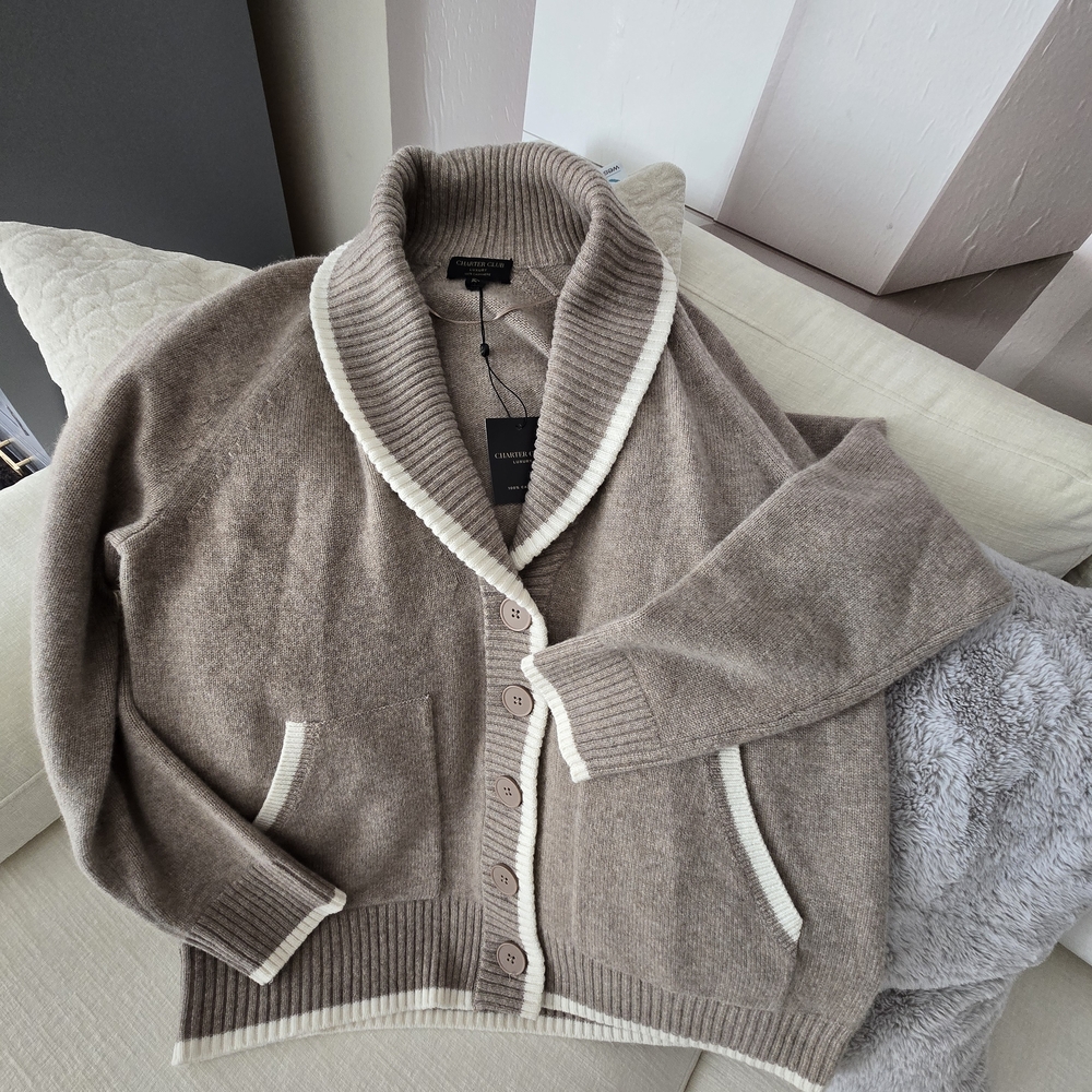 Charter Club Taupe Cardigan with Cream Trim - Picture 3 of 5